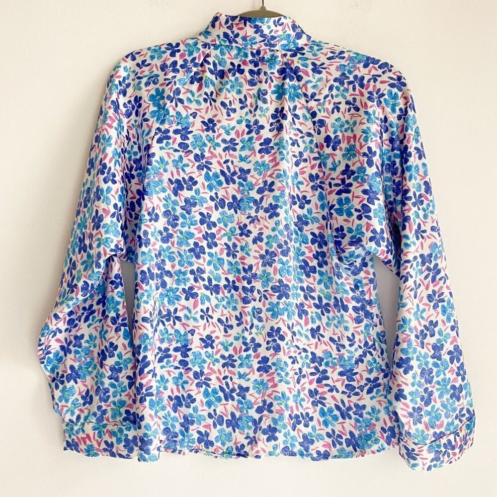 Zara Painted Floral Blue Bow Neckline Long Sleeve Blouse XS - Picture 3 of 8